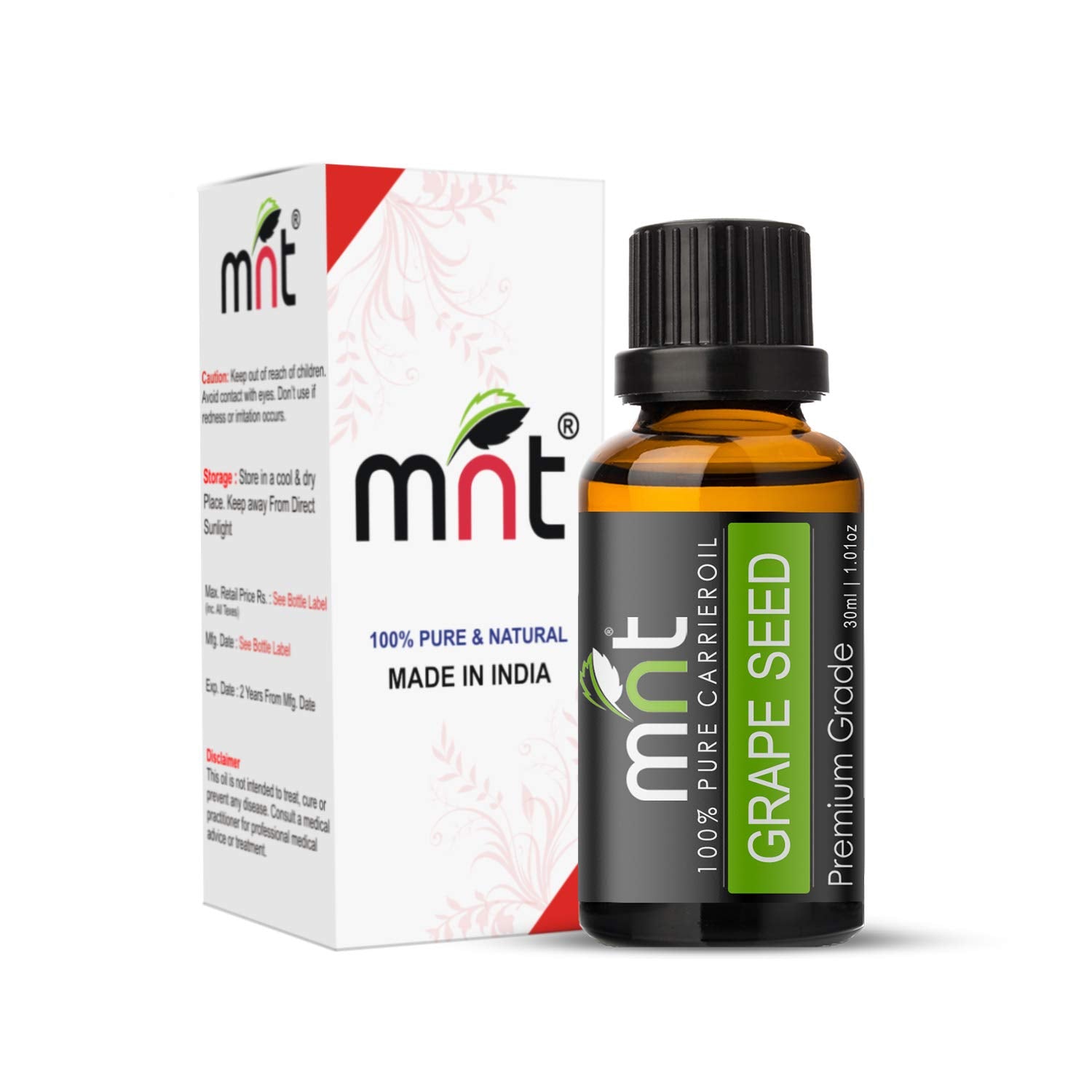 Grape Seed Cold-Pressed Carrier Oil - 100% Pure & Natural Oil for Acne, Face, Body, Healthy Skin and Hair Growth