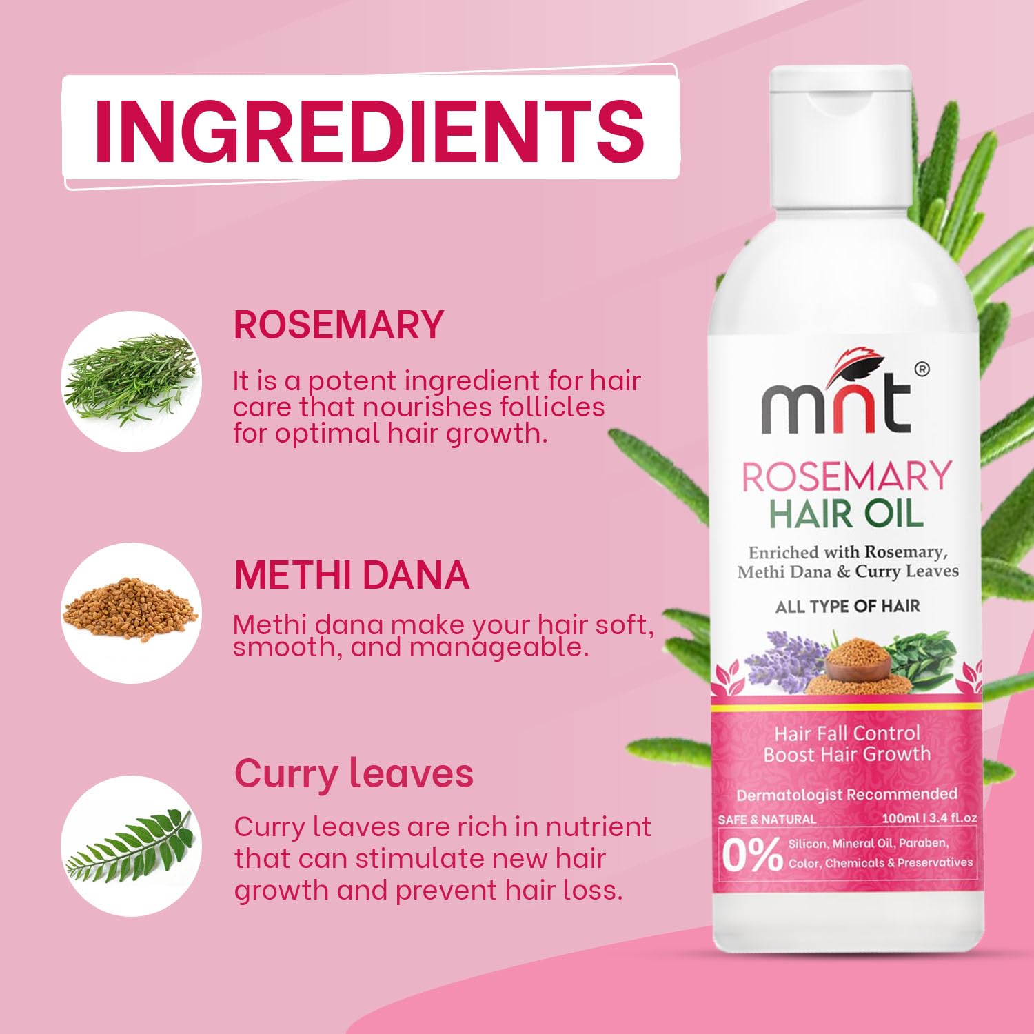 Rosemary Hair Oil for Hair Growth with Methi Dana & Rosemary | For Thicker, Shiny, Stronger & Healthy Hair | Pure Rosemary Oil for Hair Growth, Hair Fall Control | 100 ml