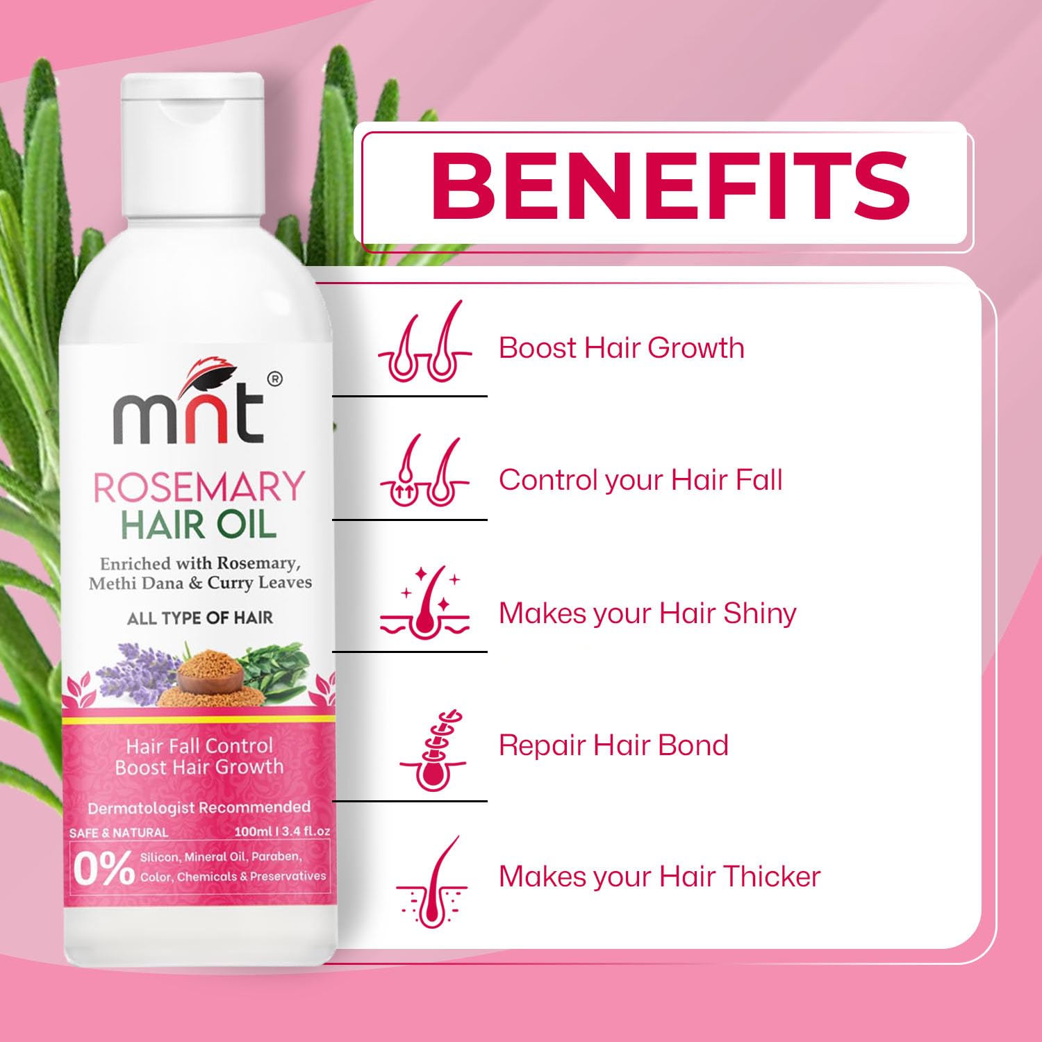 Rosemary Hair Oil for Hair Growth with Methi Dana & Rosemary | For Thicker, Shiny, Stronger & Healthy Hair | Pure Rosemary Oil for Hair Growth, Hair Fall Control | 100 ml