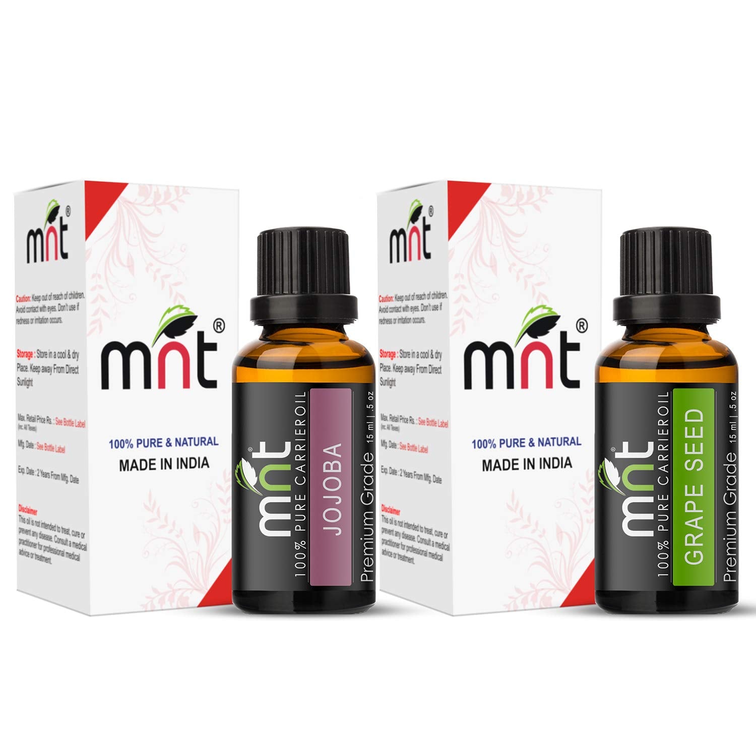 Combo Set of Jojoba Oil and Grapeseed Essential Oil (Each 15ML) Ideal for use in Hair loss, Promotes Hair & Beard Growth, Moisturizes Skin, Health Benefit, Massage
